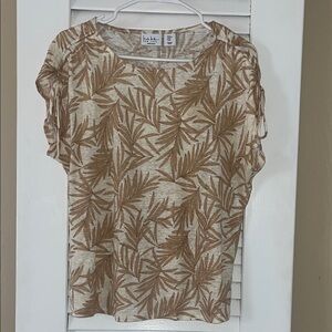 Nicole Miller NY 100% Linen Beige and Brown Palm Print Top